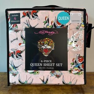 New Ed Hardy Queen 6 Pc Double Brushed Sheet Set Pink Rose Bird Bedding Y2K